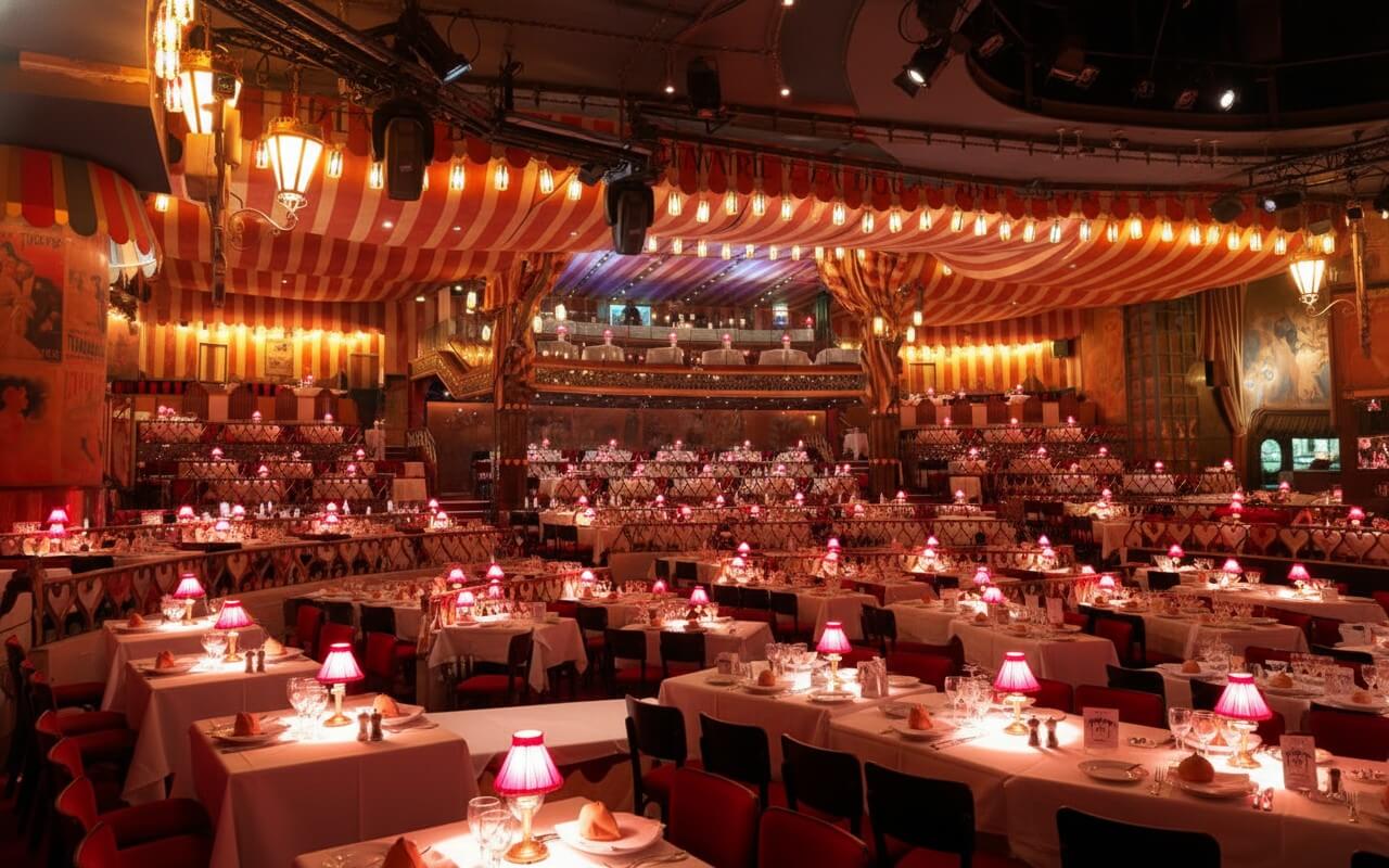 Sala del Moulin Rouge preparada para la cena espectáculo