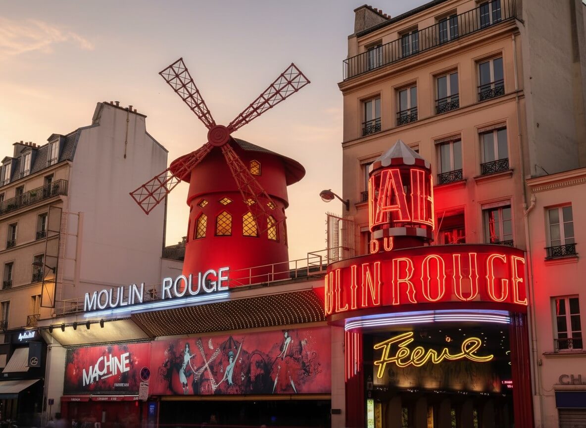 Vista nocturna del Moulin Rouge con neones encendidos