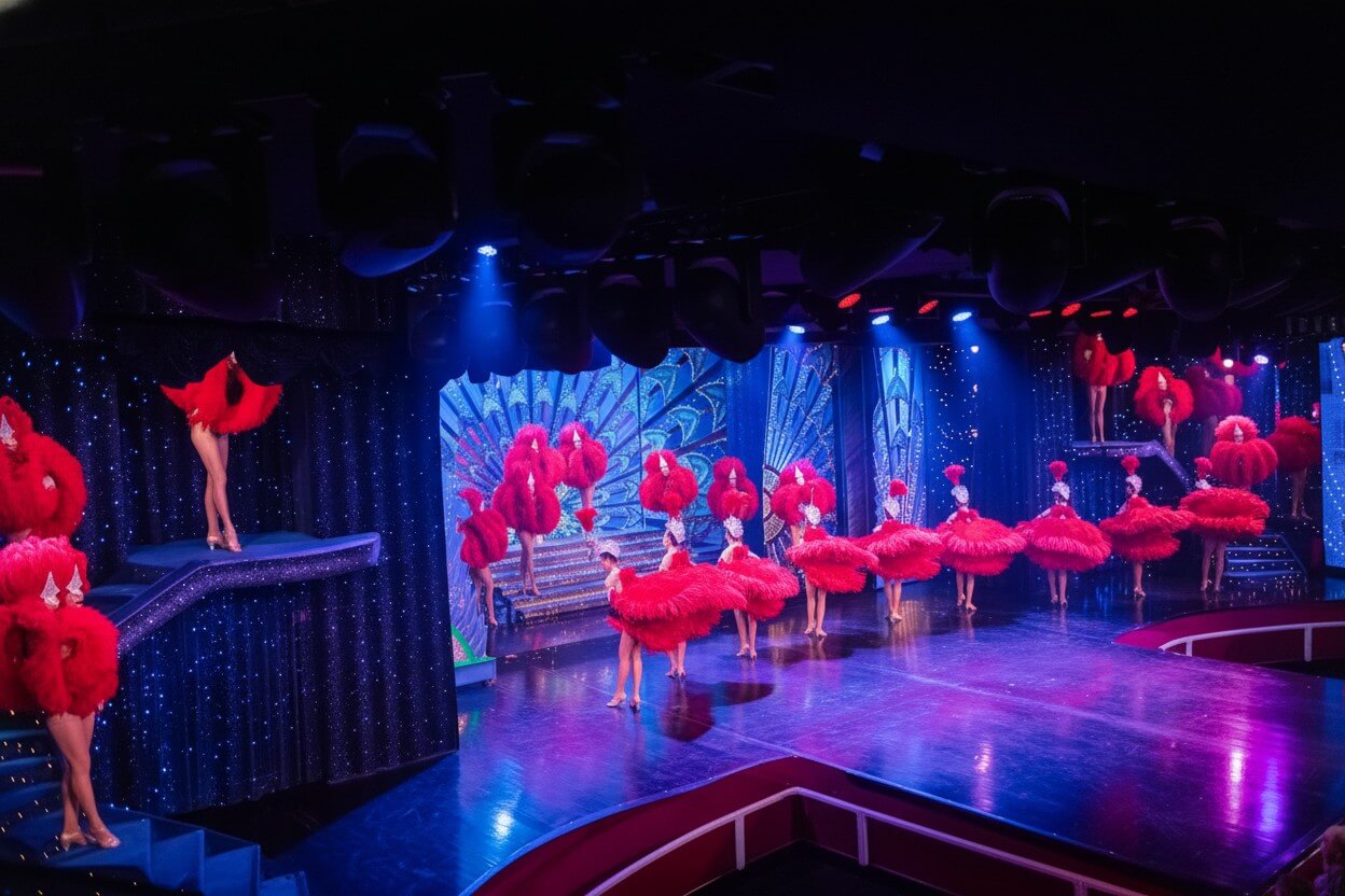 Doriss Girls en escena con plumas rojas durante el cancán