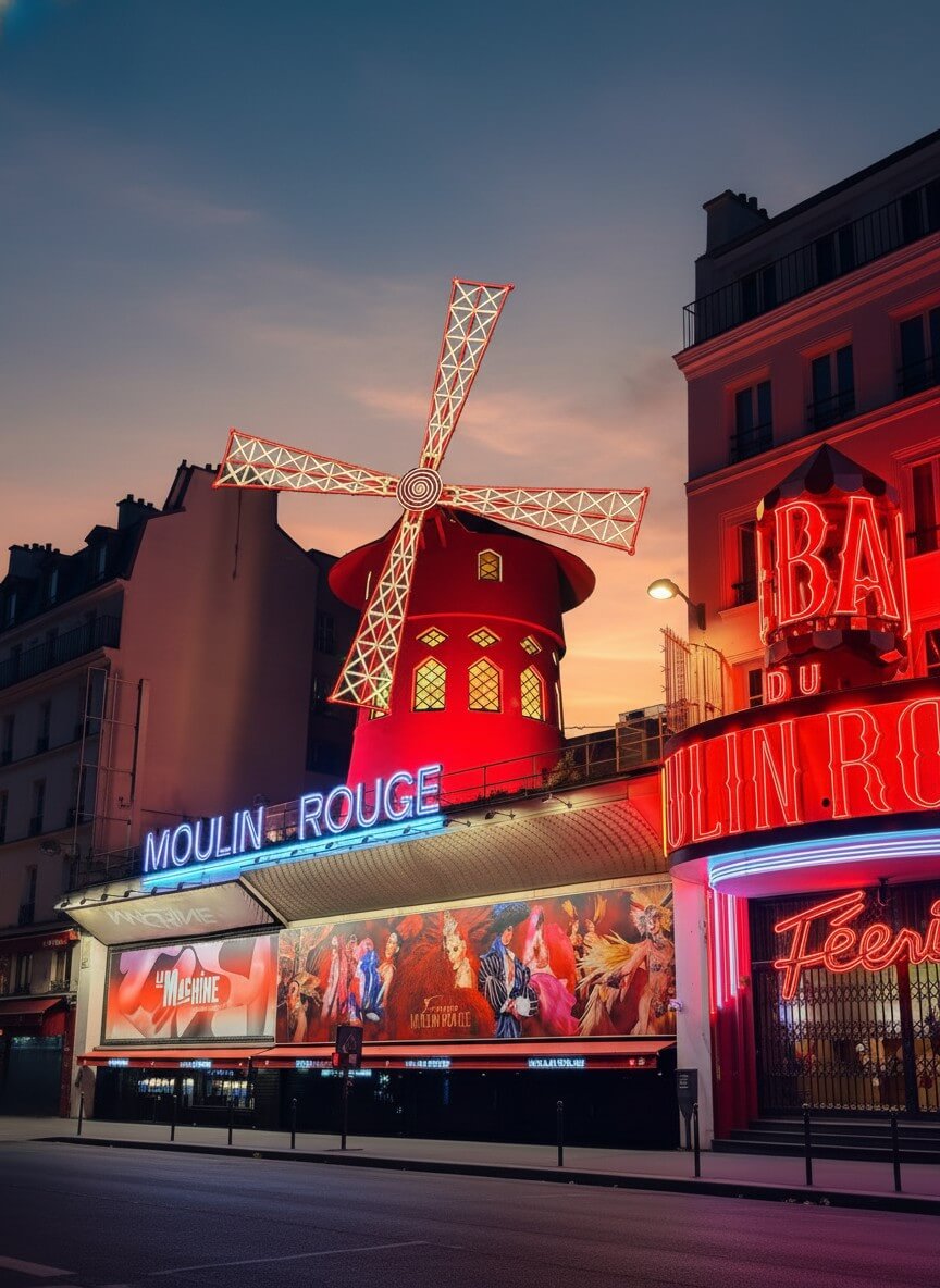 Moulin Rouge París - molino rojo iluminado al atardecer