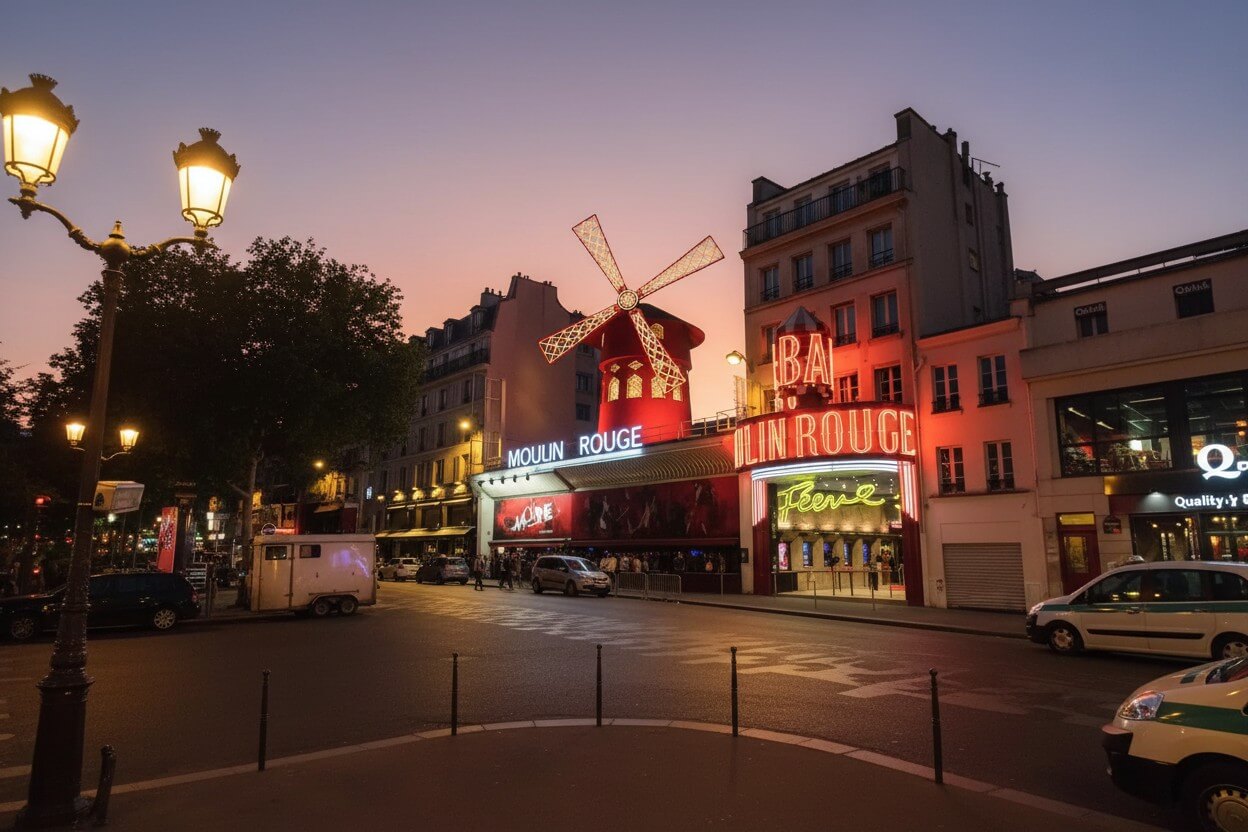 Fachada del Moulin Rouge en París al anochecer