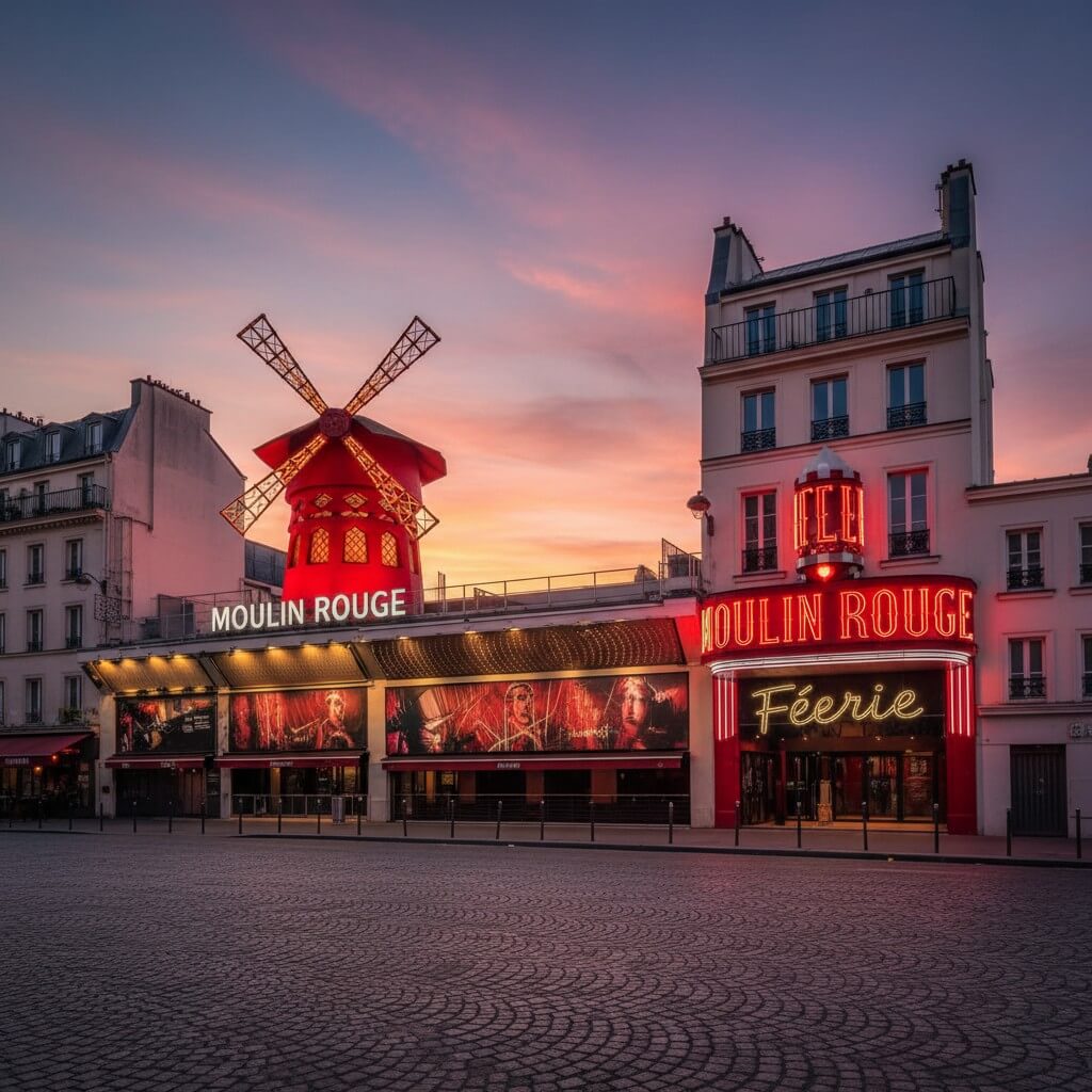 Entradas para el Moulin Rouge - fachada al amanecer con neón Féerie