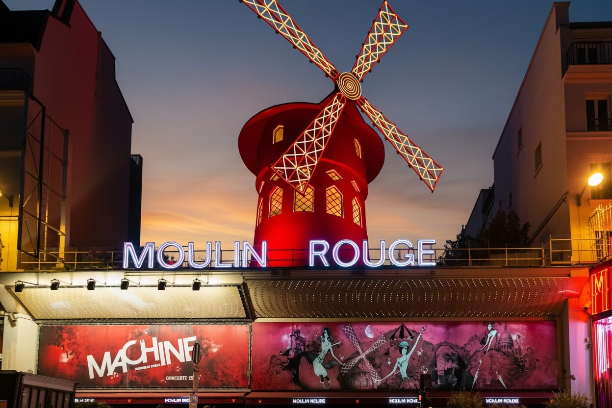 Detalle del molino rojo con neón MOULIN ROUGE